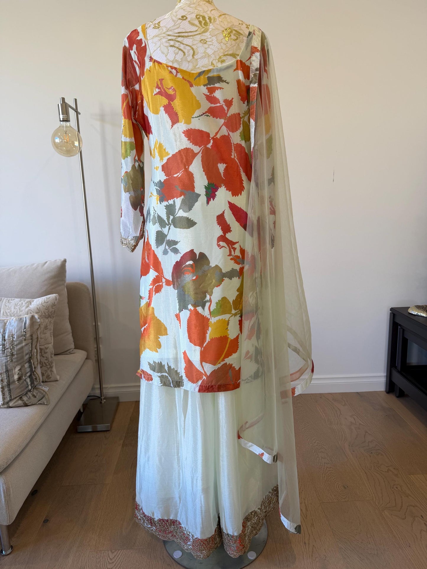 Floral Digital Print Chinon Sharara Suit with Mirror & Embroidery Work