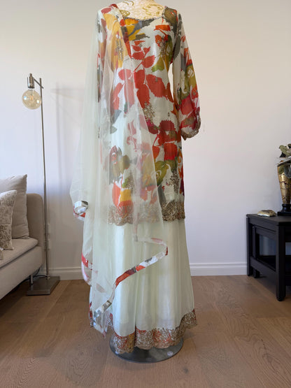 Floral Digital Print Chinon Sharara Suit with Mirror & Embroidery Work