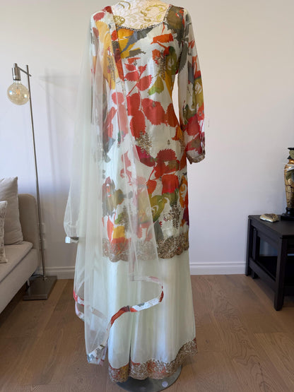 Floral Digital Print Chinon Sharara Suit with Mirror & Embroidery Work