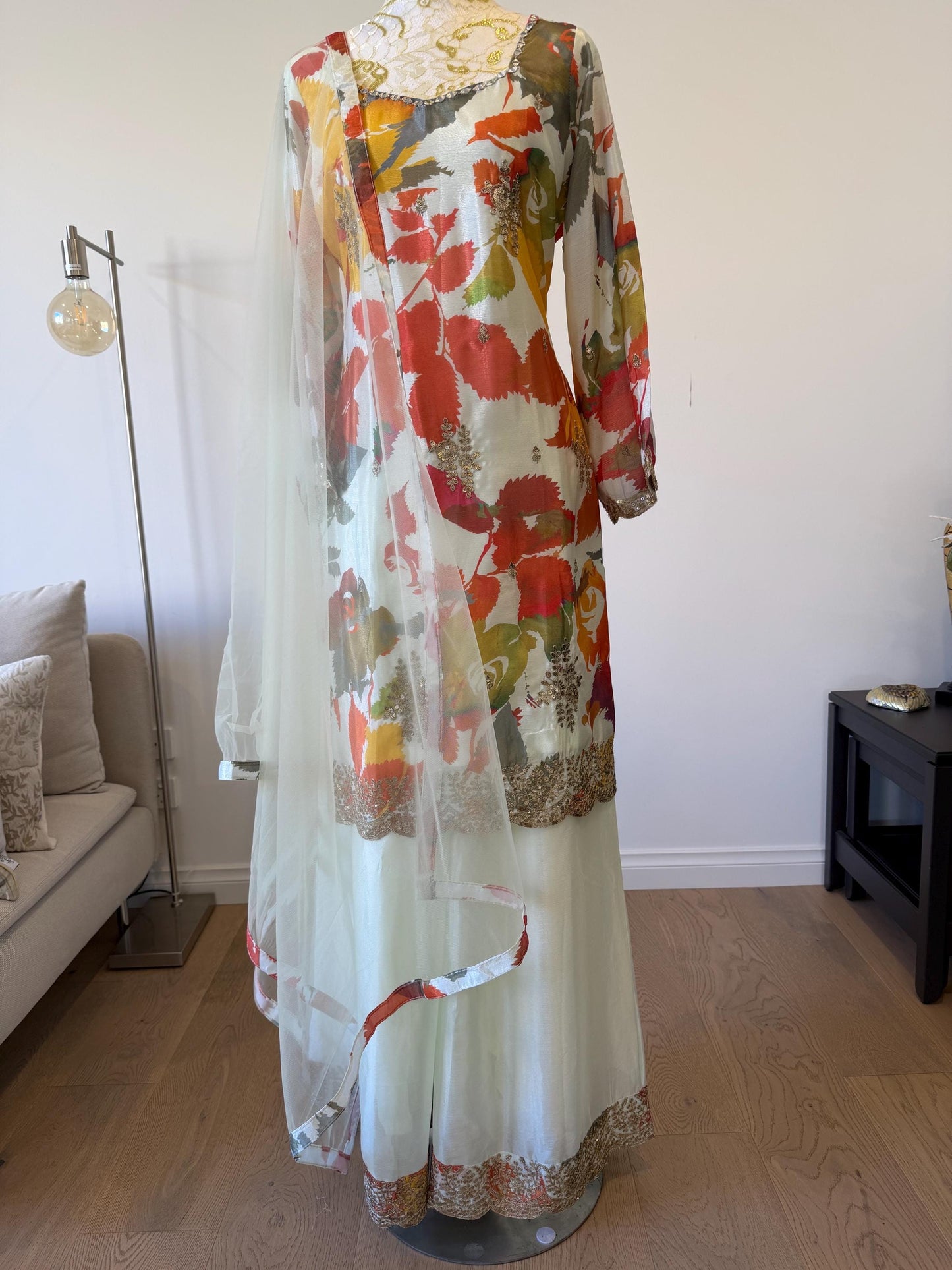 Floral Digital Print Chinon Sharara Suit with Mirror & Embroidery Work