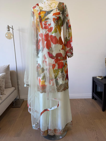 Floral Digital Print Chinon Sharara Suit with Mirror & Embroidery Work