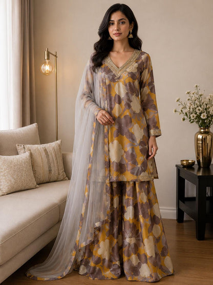 Mustard Floral Chinon Crape Palazzo Suit with Net Dupatta