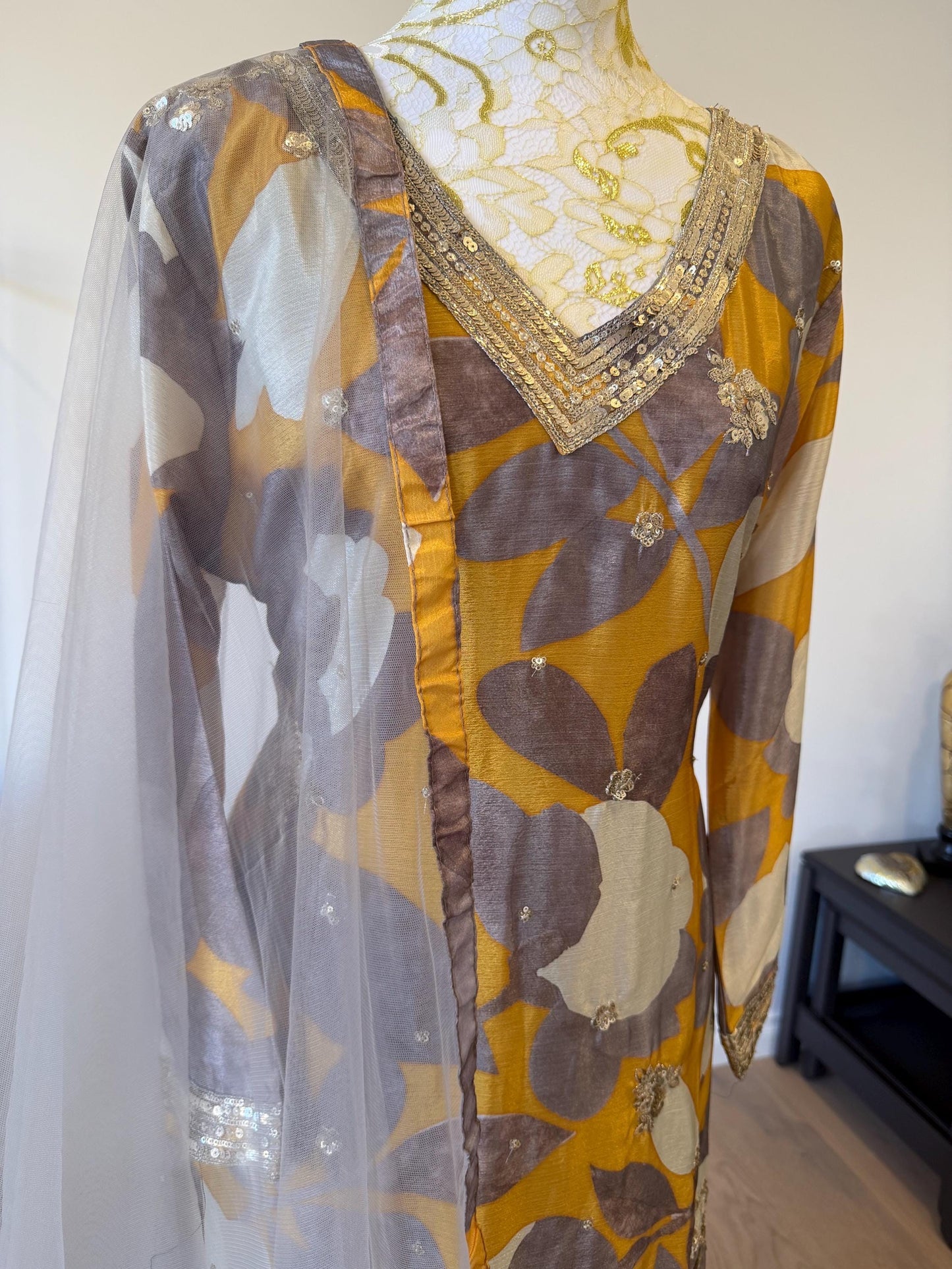 Mustard Floral Chinon Crape Palazzo Suit with Net Dupatta