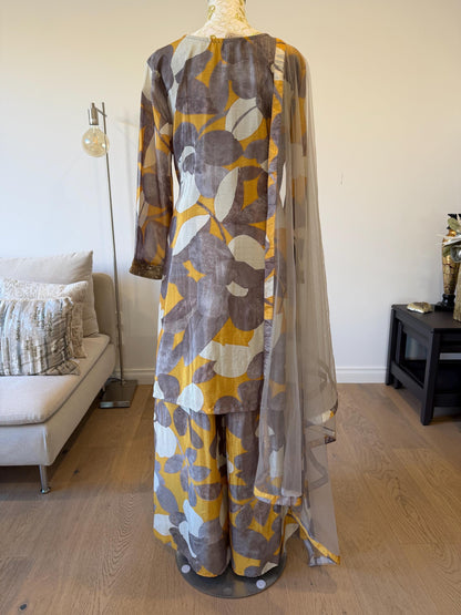 Mustard Floral Chinon Crape Palazzo Suit with Net Dupatta