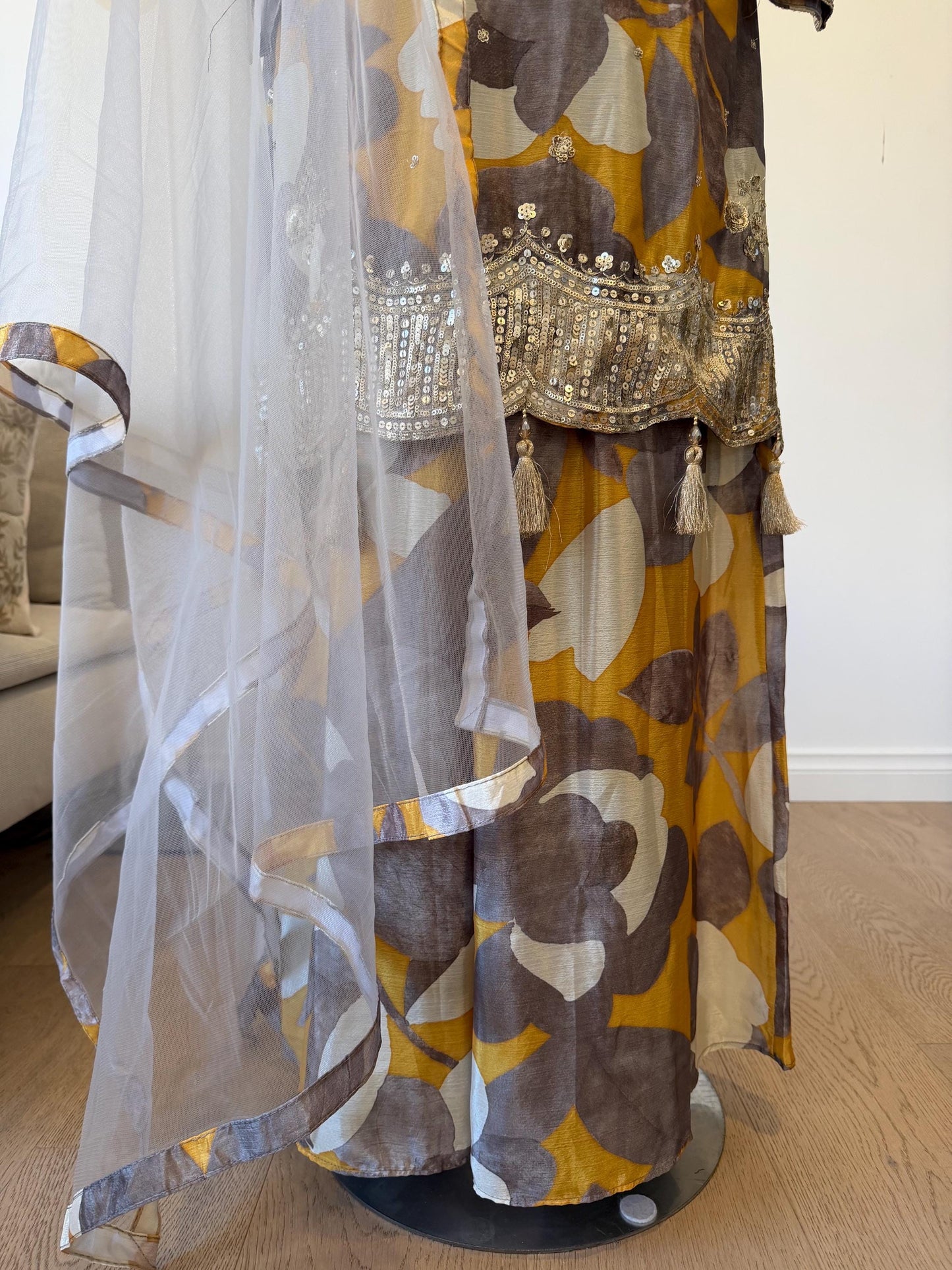Mustard Floral Chinon Crape Palazzo Suit with Net Dupatta