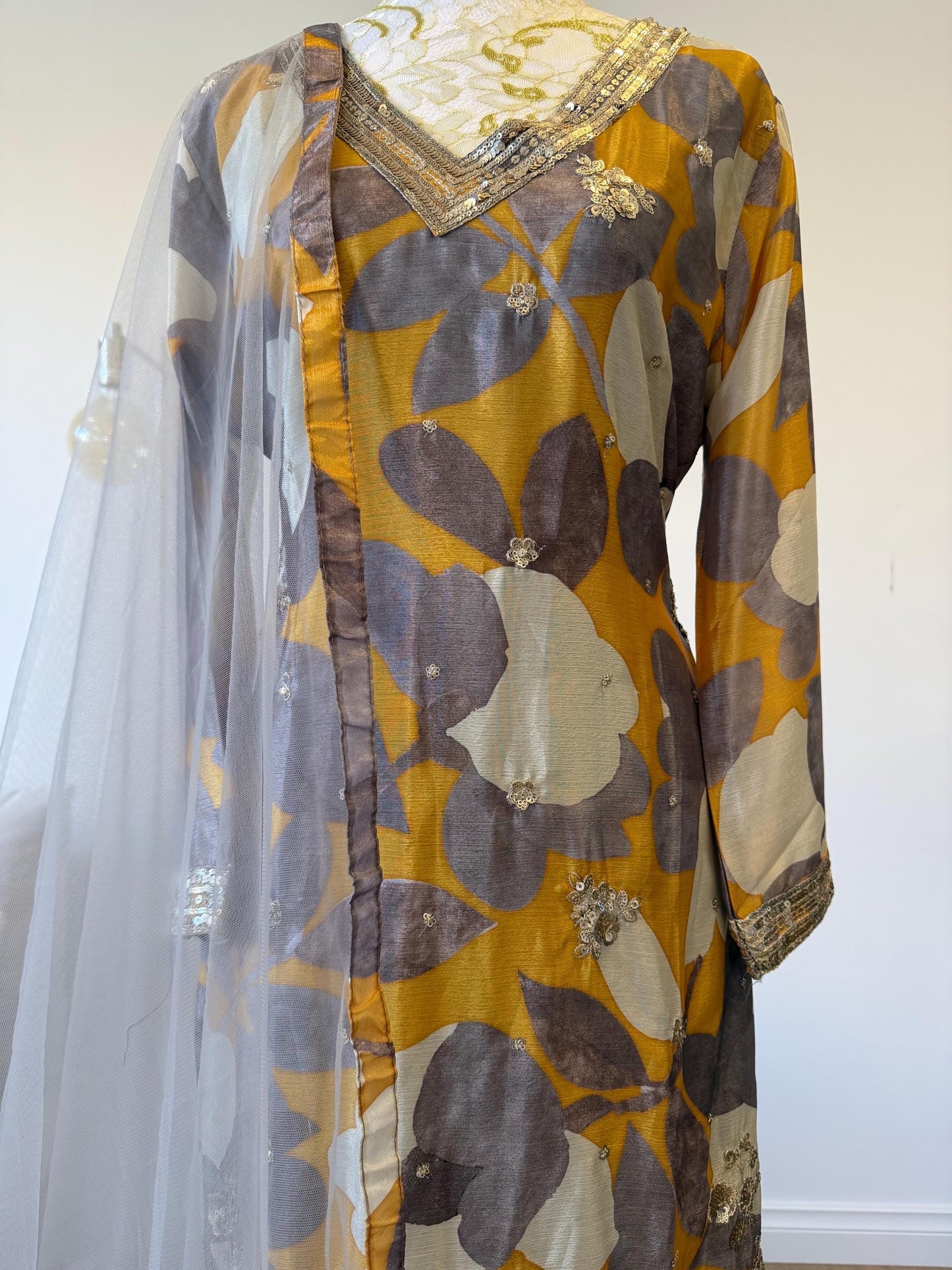 Mustard Floral Chinon Crape Palazzo Suit with Net Dupatta
