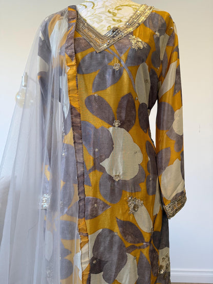 Mustard Floral Chinon Crape Palazzo Suit with Net Dupatta