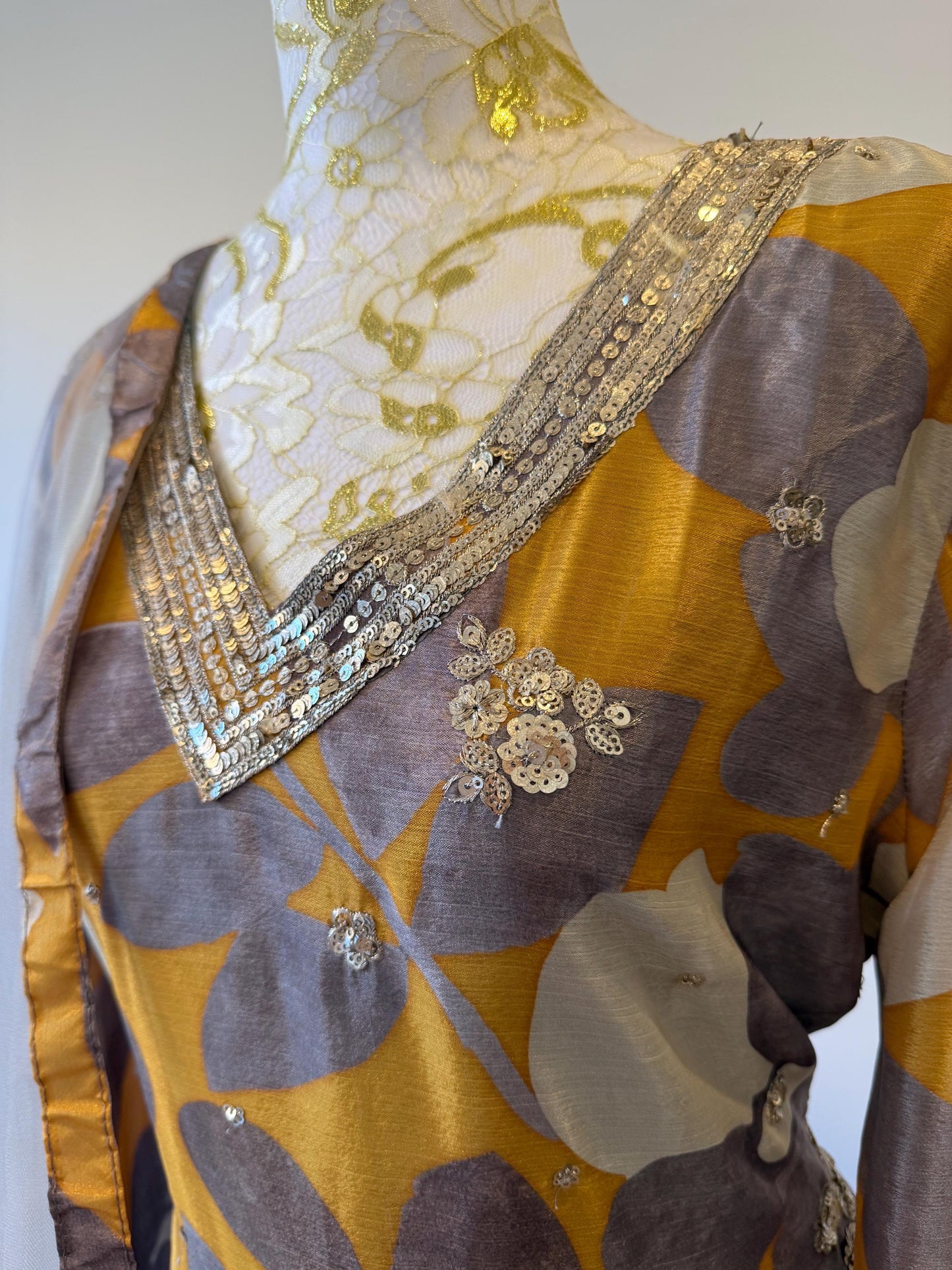 Mustard Floral Chinon Crape Palazzo Suit with Net Dupatta