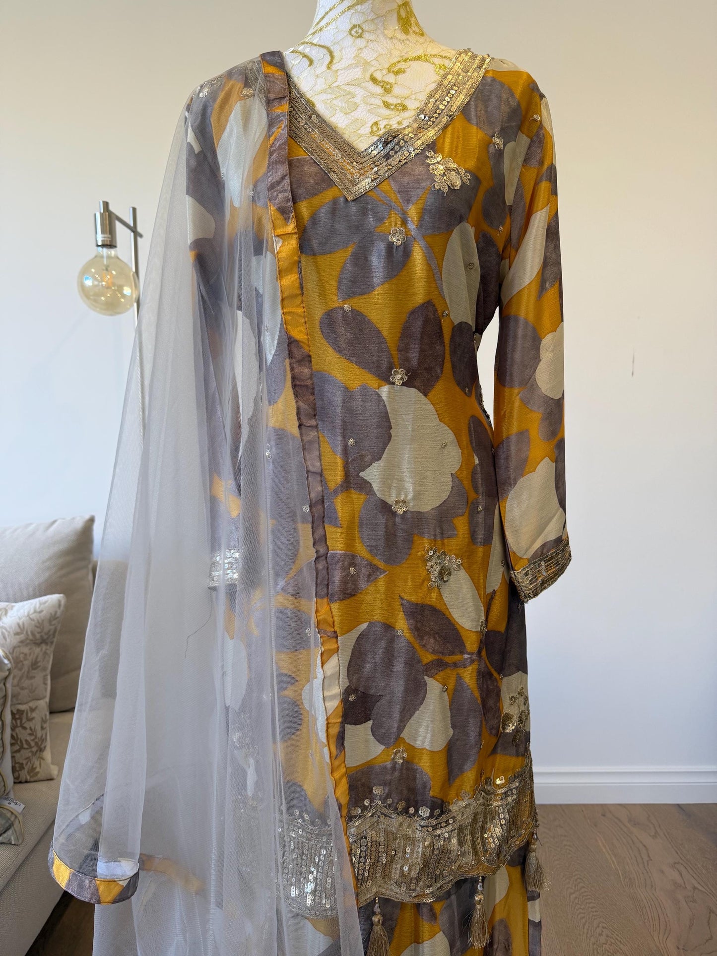 Mustard Floral Chinon Crape Palazzo Suit with Net Dupatta