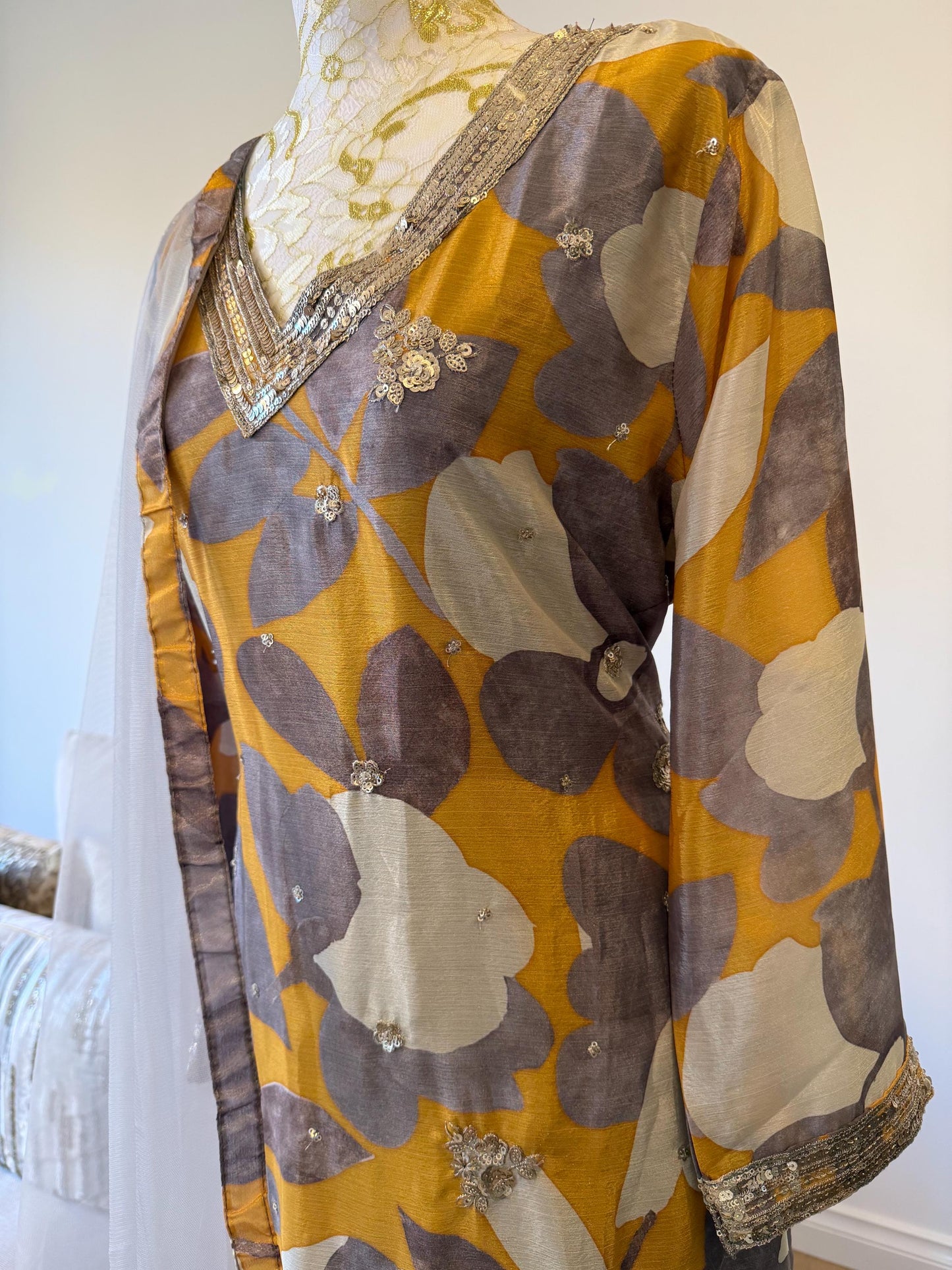 Mustard Floral Chinon Crape Palazzo Suit with Net Dupatta