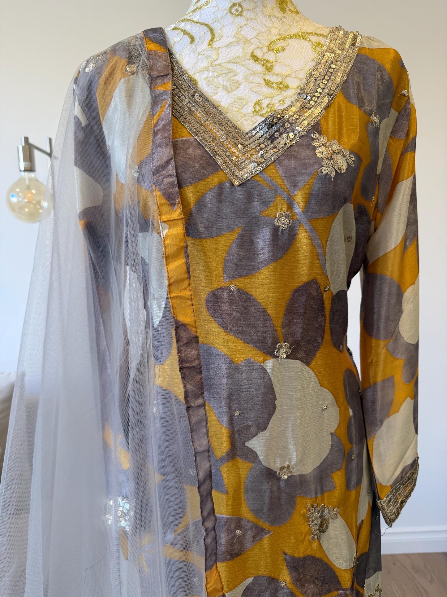Mustard Floral Chinon Crape Palazzo Suit with Net Dupatta