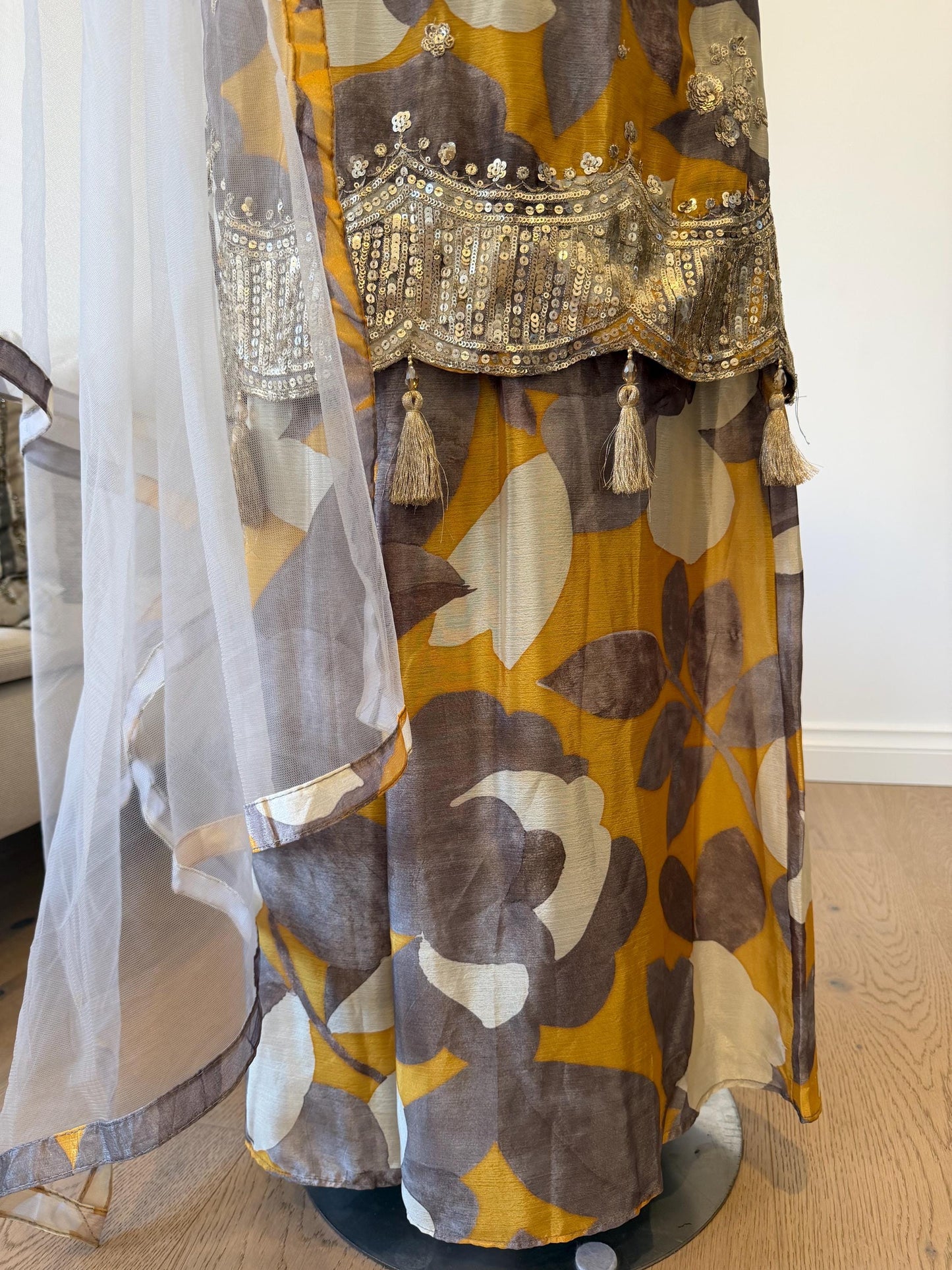 Mustard Floral Chinon Crape Palazzo Suit with Net Dupatta