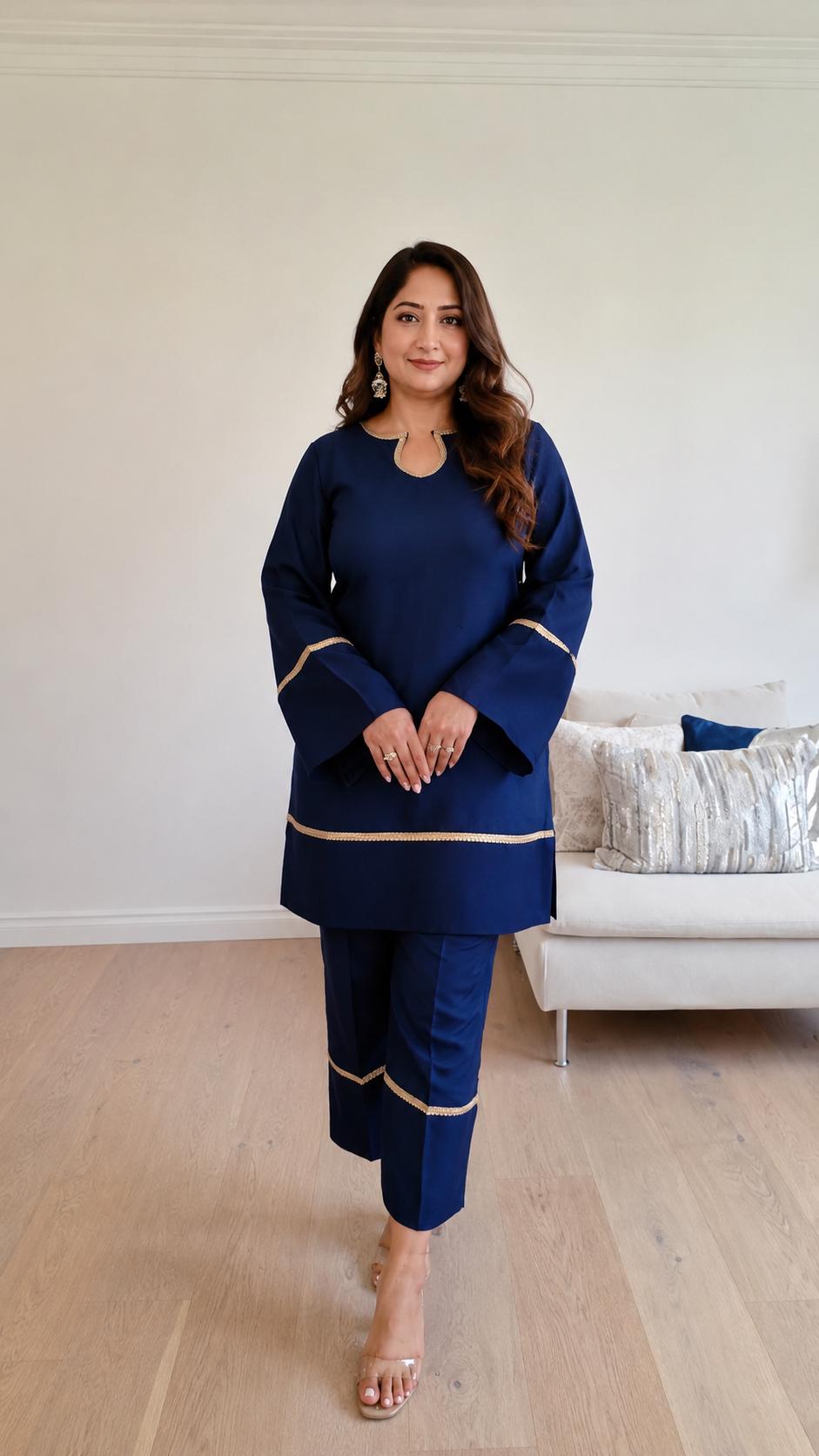 Navy Blue Kurta Set: Silk-Blend with Golden Detailing, Size 38