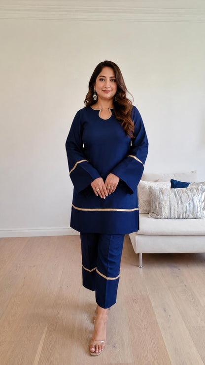 Navy Blue Kurta Set: Silk-Blend with Golden Detailing, Size 38