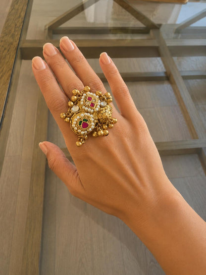 Kashmiri Style Statement Ring | Gold Pearl Ethnic Boho Cocktail Jewellery
