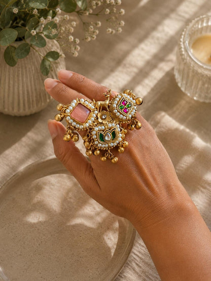 Kashmiri Style Statement Ring | Gold Pearl Ethnic Boho Cocktail Jewellery