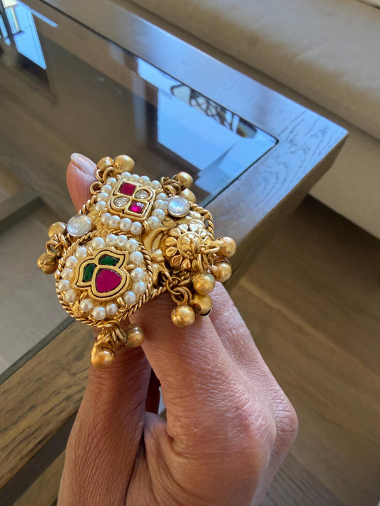 Kashmiri Style Statement Ring | Gold Pearl Ethnic Boho Cocktail Jewellery