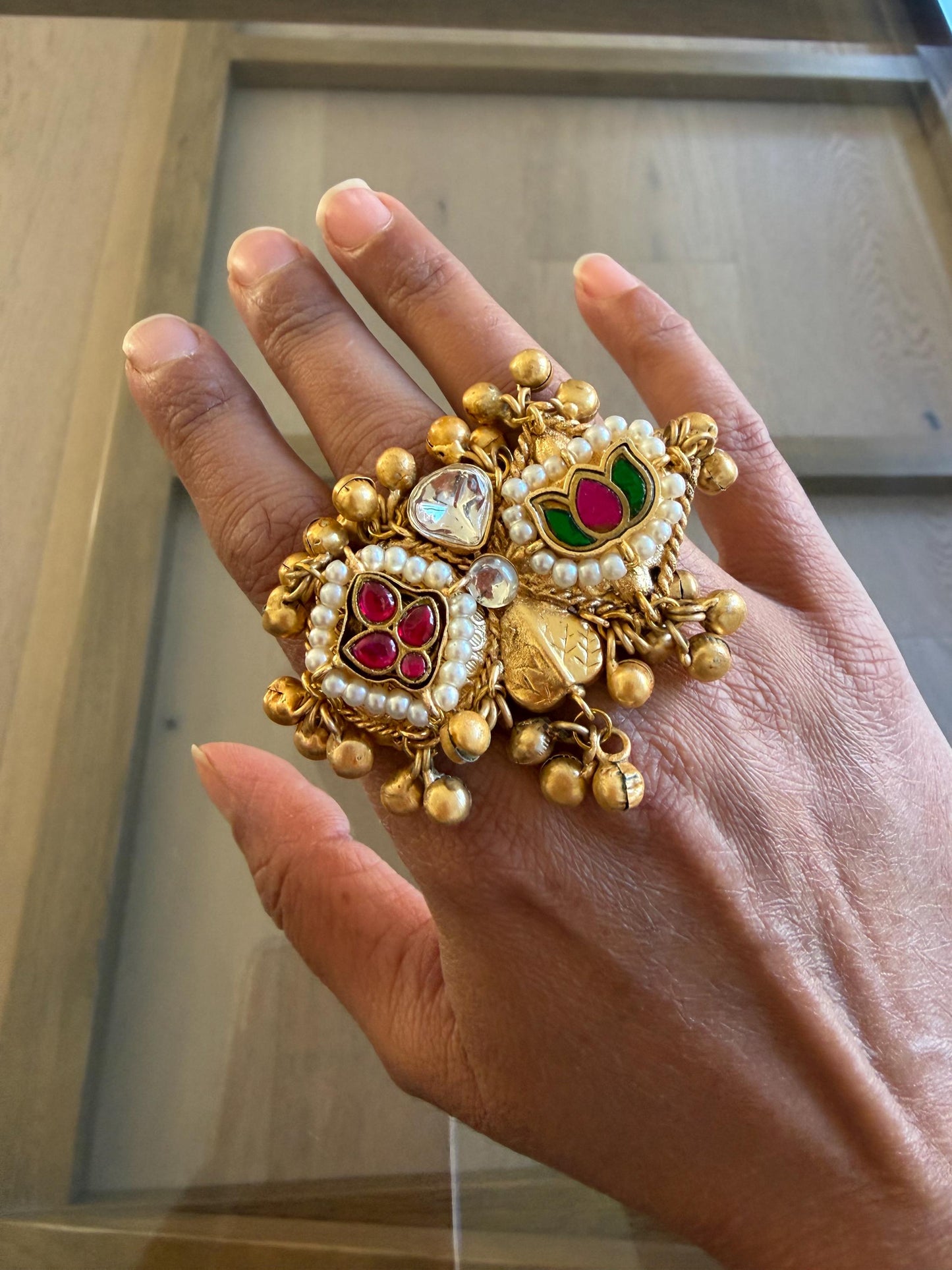 Kashmiri Style Statement Ring | Gold Pearl Ethnic Boho Cocktail Jewellery