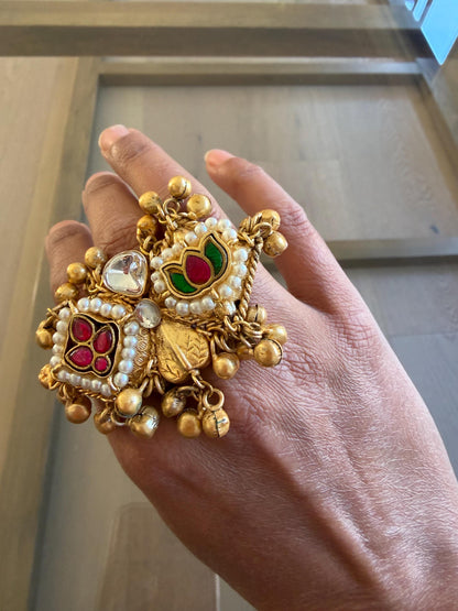 Kashmiri Style Statement Ring | Gold Pearl Ethnic Boho Cocktail Jewellery