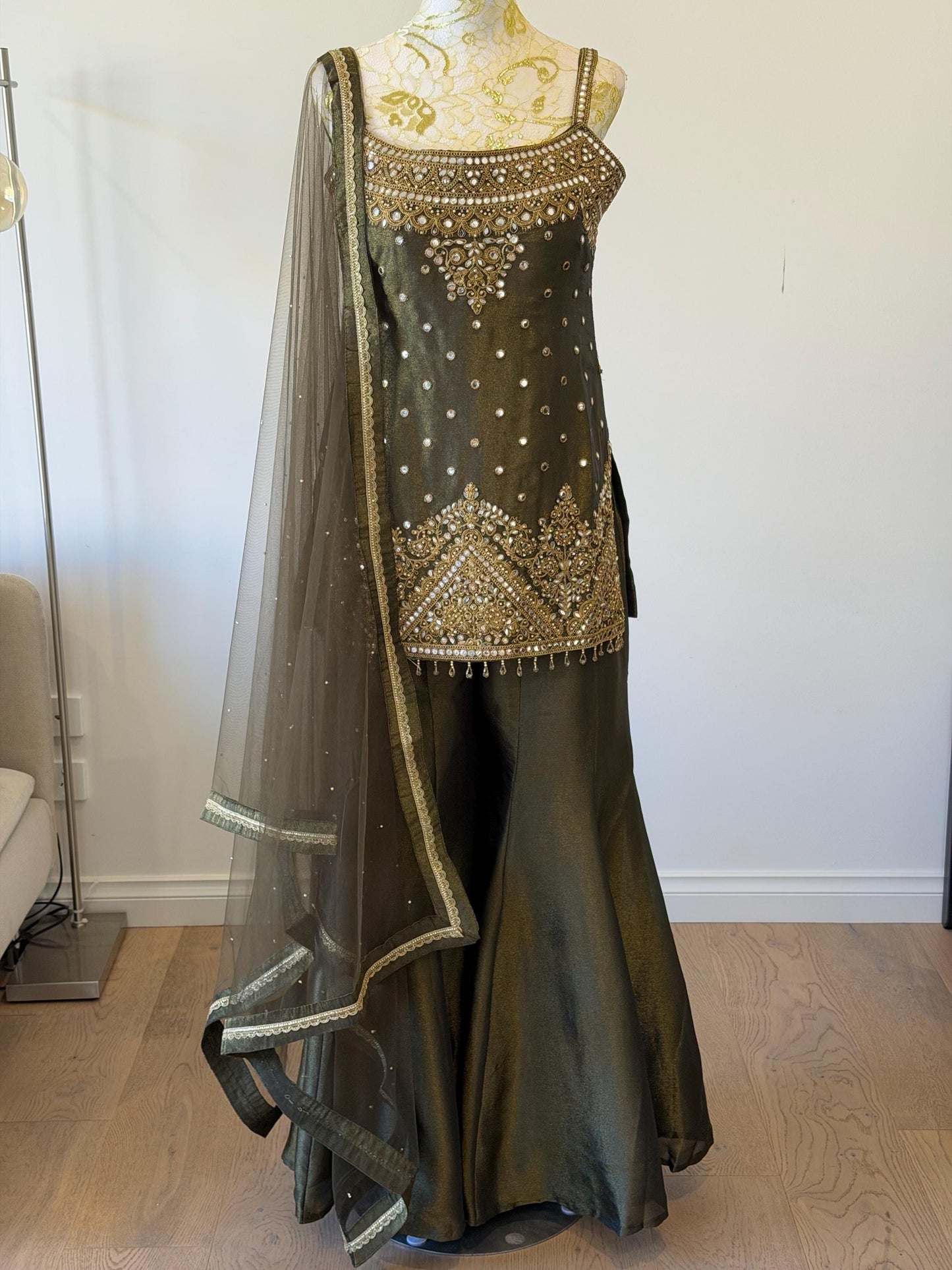 Olive Green Tissue Shimmer Palazzo Suit