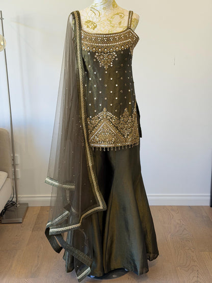 Olive Green Tissue Shimmer Palazzo Suit