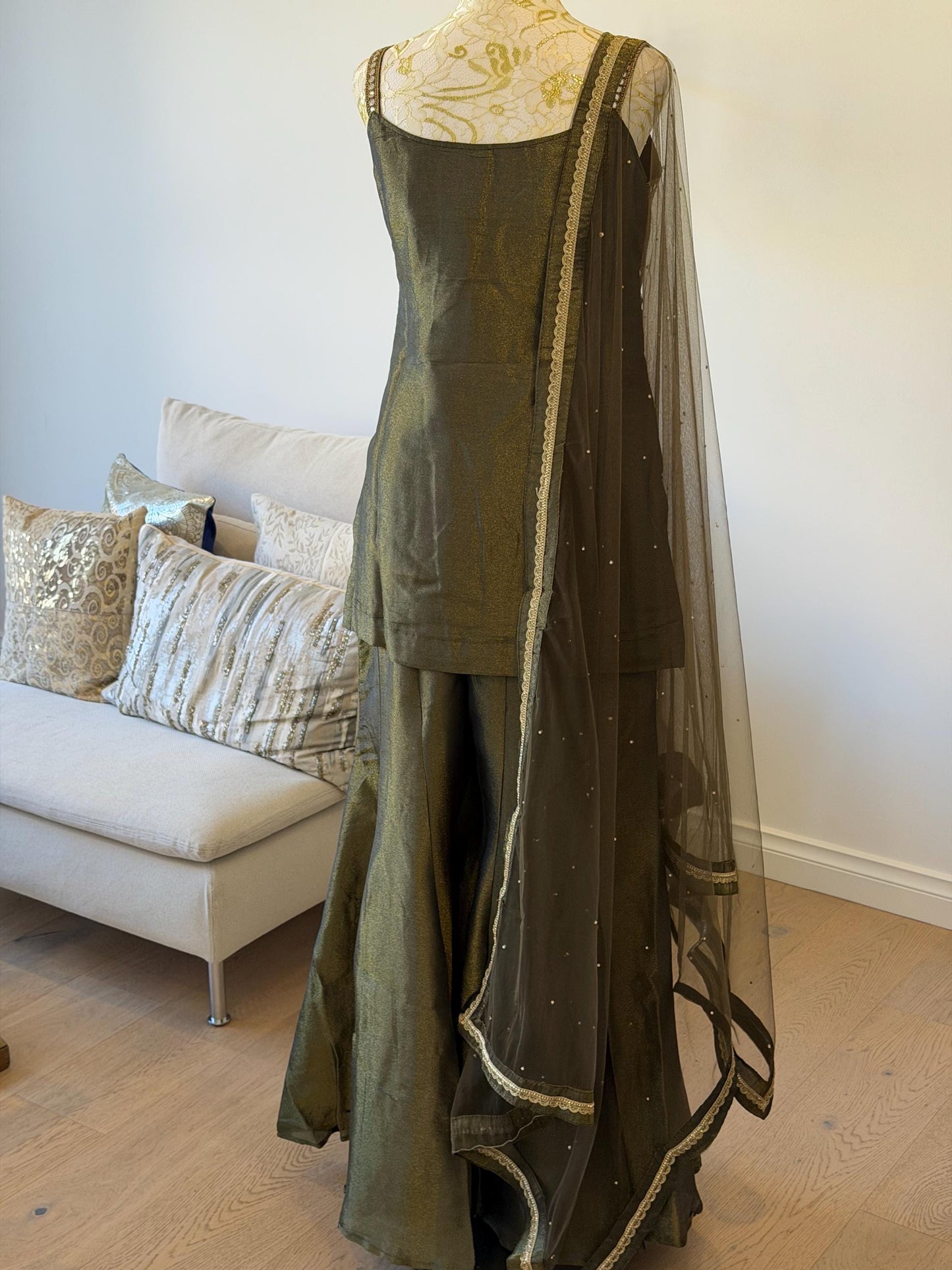 Olive Green Tissue Shimmer Palazzo Suit