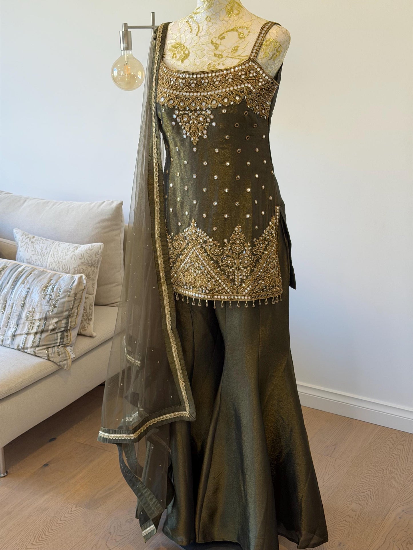 Olive Green Tissue Shimmer Palazzo Suit