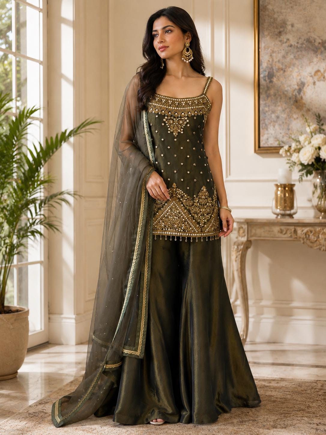 Olive Green Tissue Shimmer Palazzo Suit