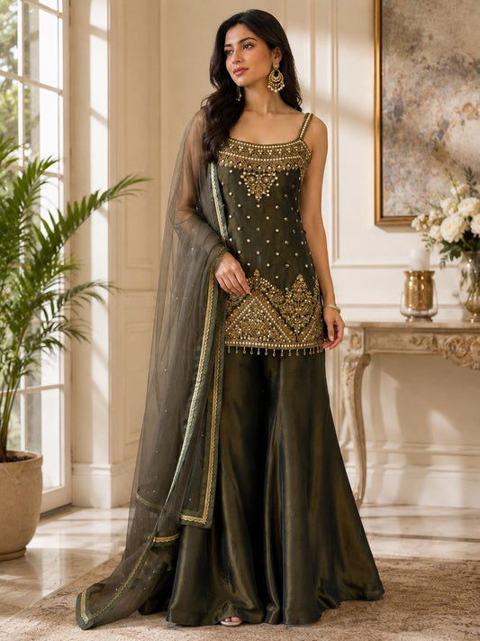 Olive Green Tissue Shimmer Palazzo Suit