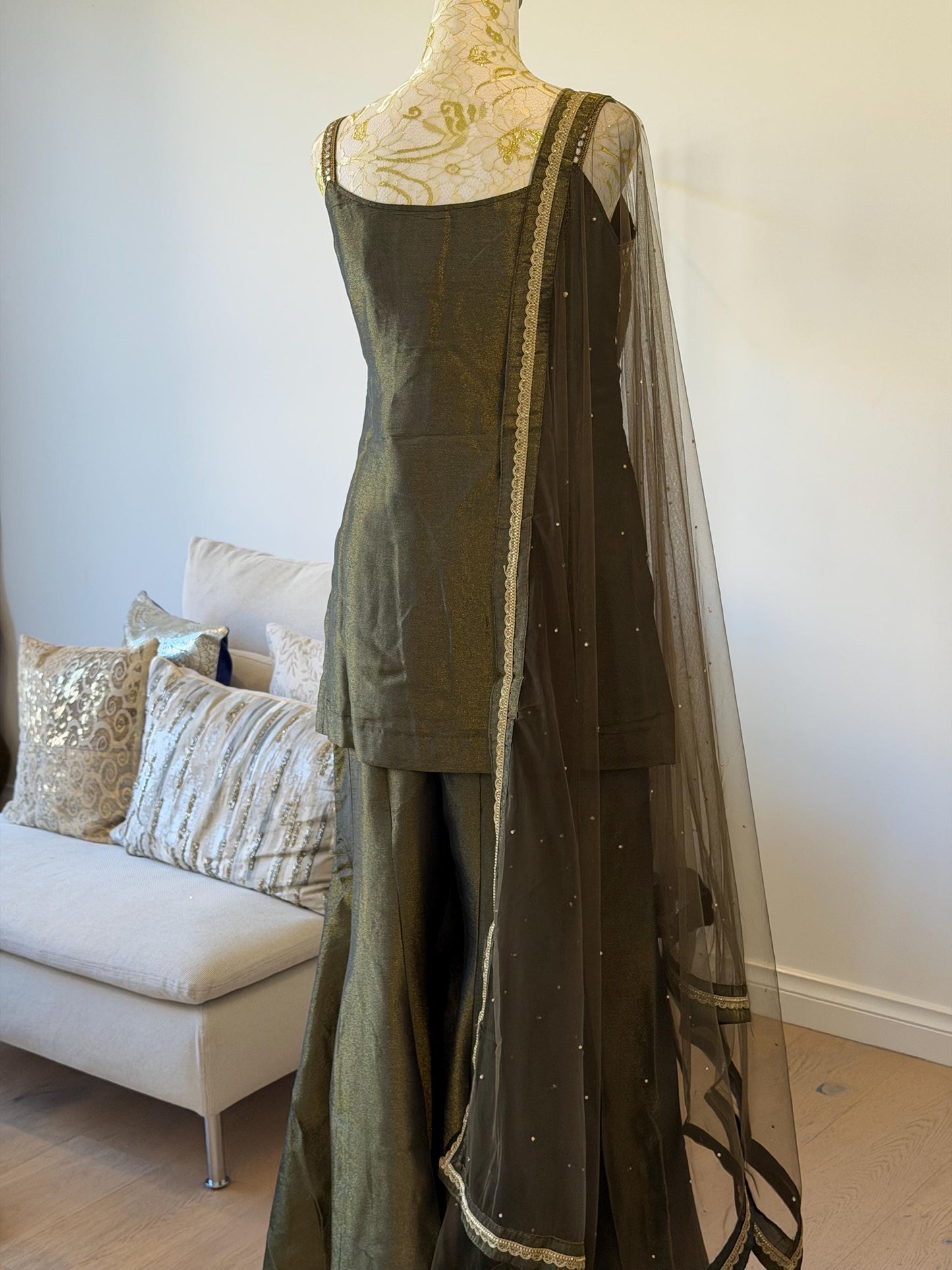 Olive Green Tissue Shimmer Palazzo Suit