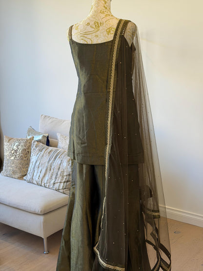 Olive Green Tissue Shimmer Palazzo Suit