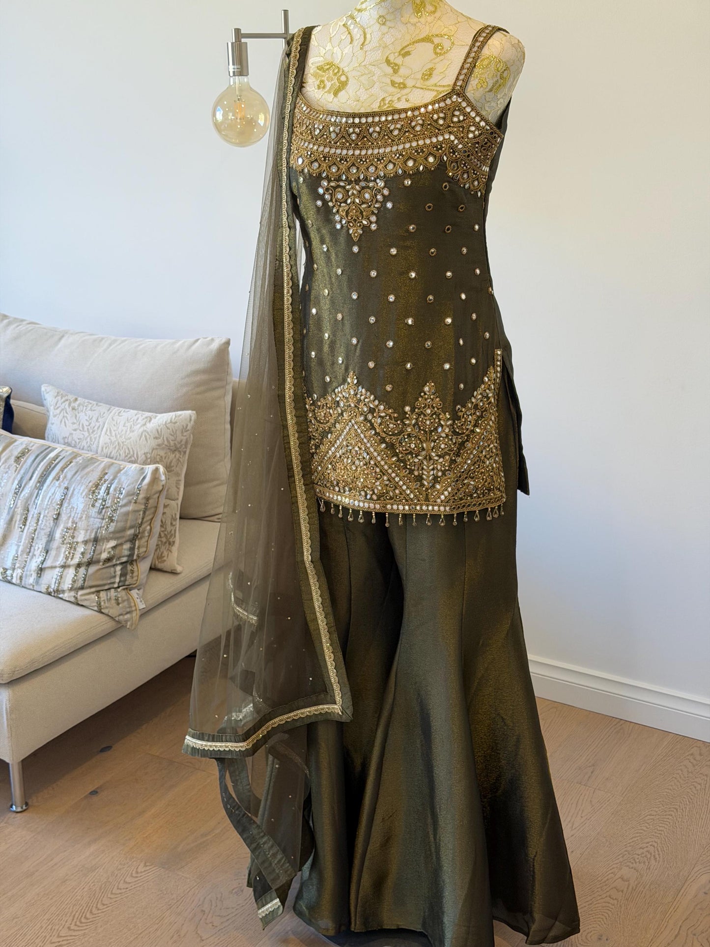 Olive Green Tissue Shimmer Palazzo Suit
