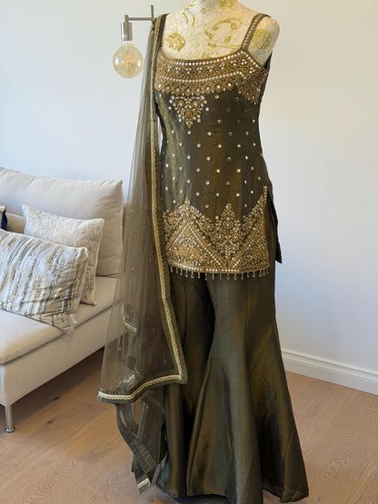 Olive Green Tissue Shimmer Palazzo Suit