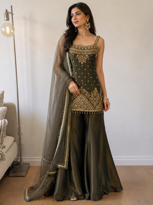 Olive Green Tissue Shimmer Palazzo Suit