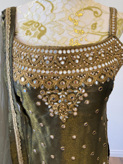 Olive Green Tissue Shimmer Palazzo Suit