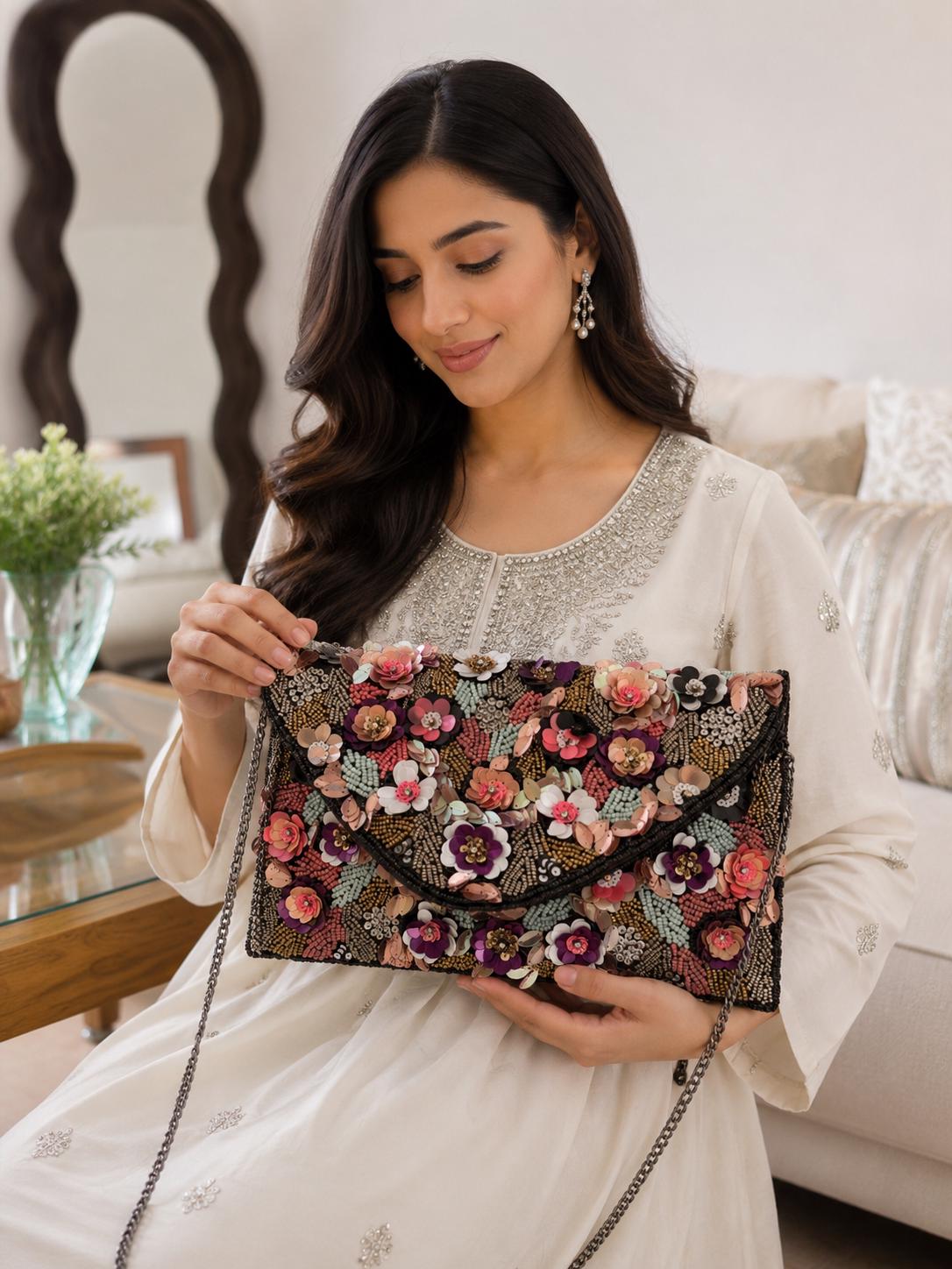 Floral Beaded Clutch Bag