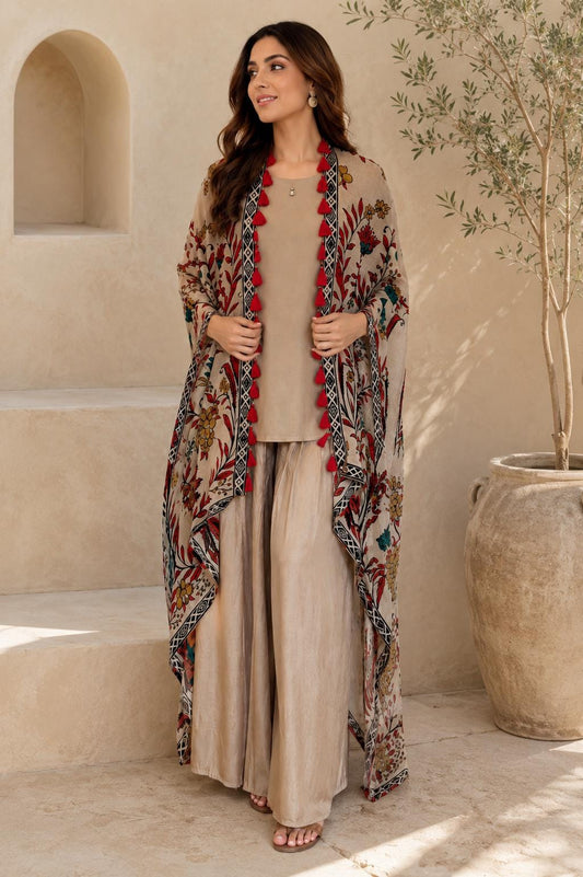 Beige Co-Ord Set with Printed Tassel Cape