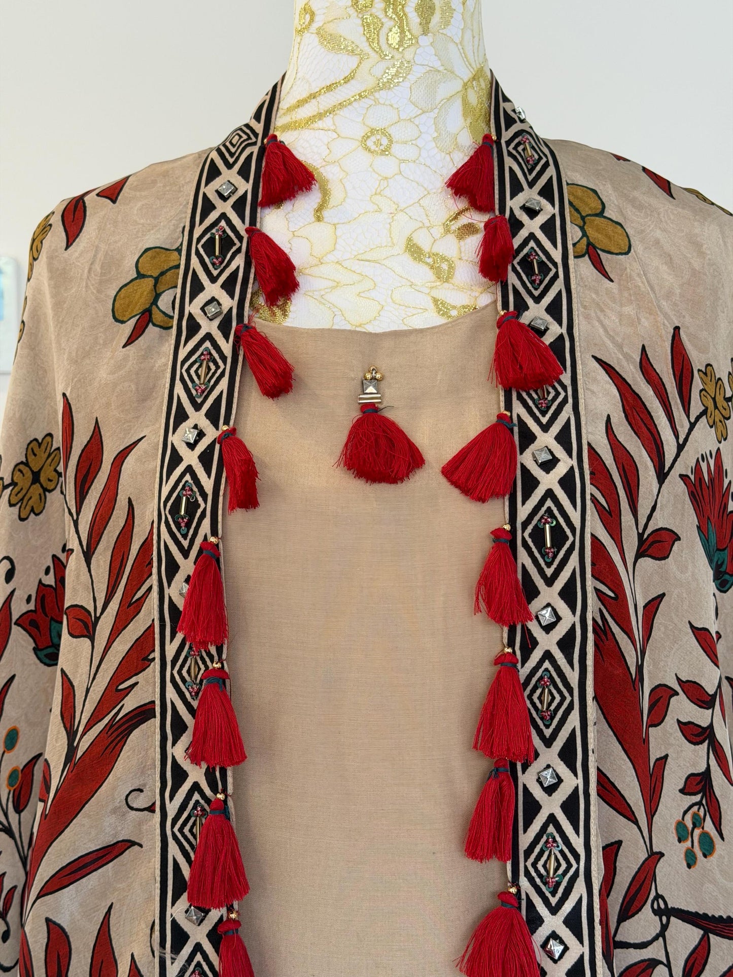 Beige Co-Ord Set with Printed Tassel Cape