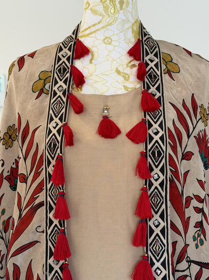 Beige Co-Ord Set with Printed Tassel Cape