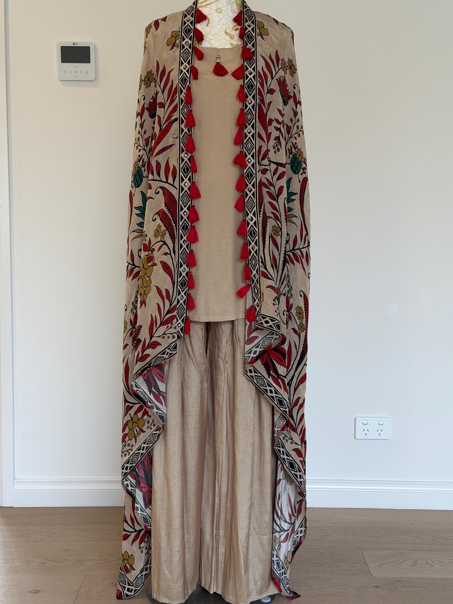 Beige Co-Ord Set with Printed Tassel Cape