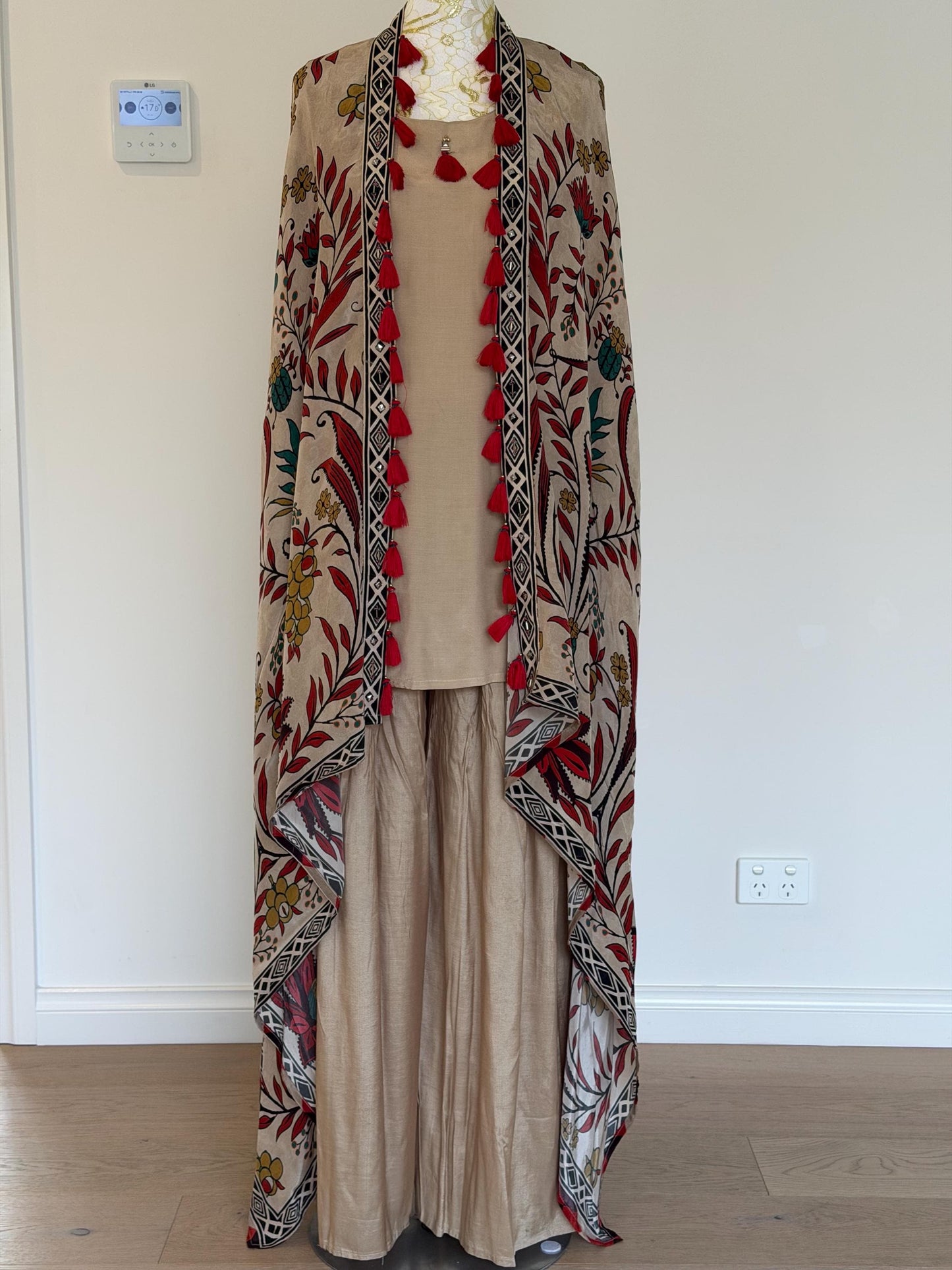 Beige Co-Ord Set with Printed Tassel Cape