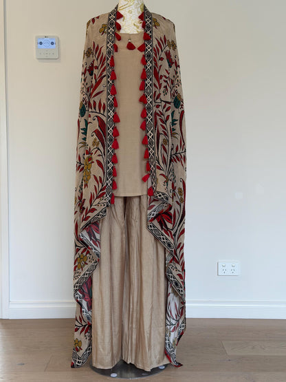 Beige Co-Ord Set with Printed Tassel Cape