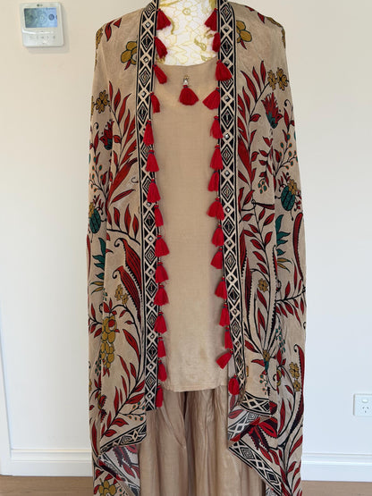 Beige Co-Ord Set with Printed Tassel Cape