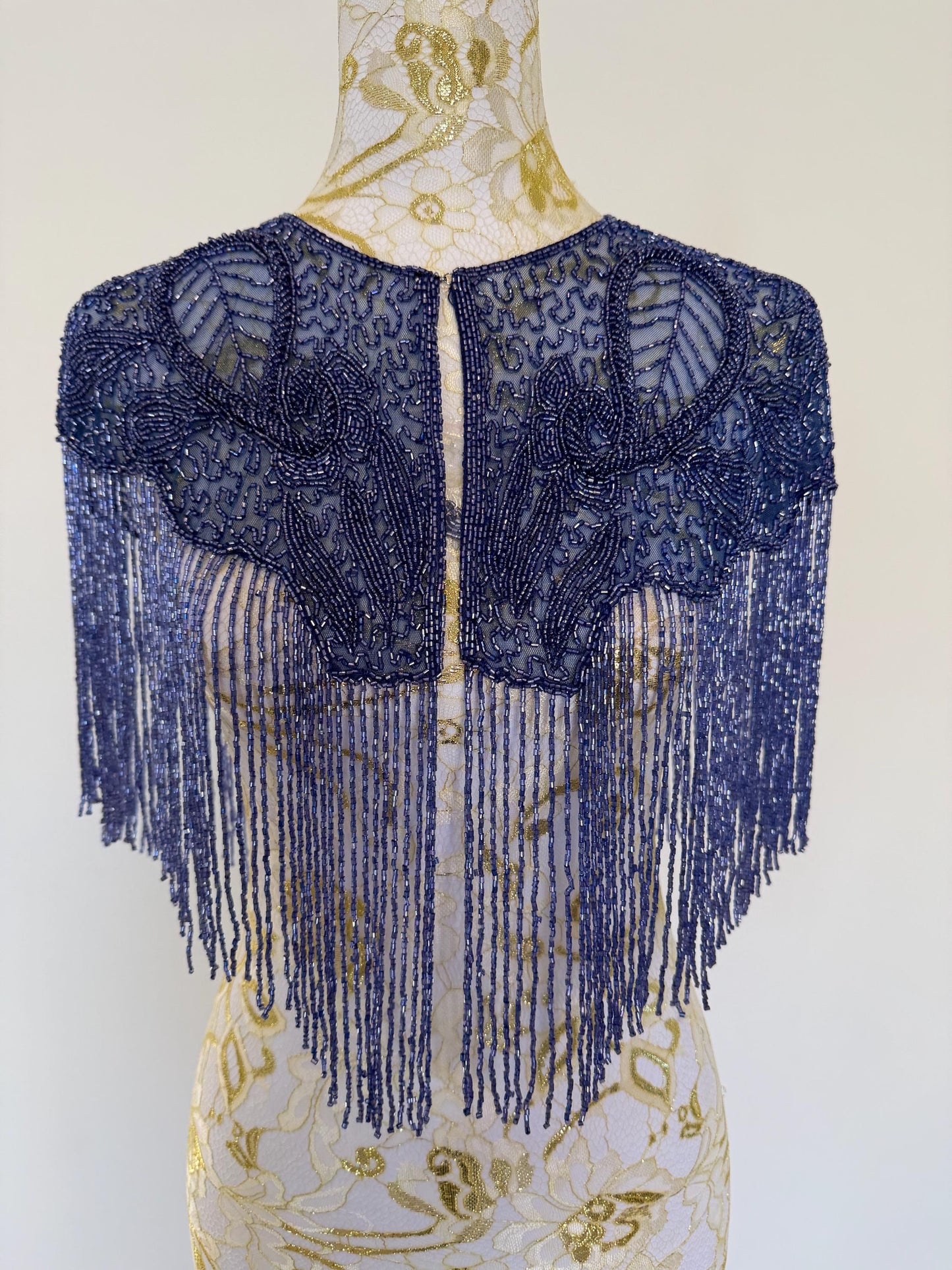 Greyish Blue Beaded Fringe Capelet | Vintage Inspired Statement Evening Cover Up