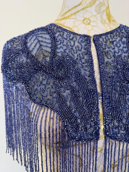 Greyish Blue Beaded Fringe Capelet | Vintage Inspired Statement Evening Cover Up