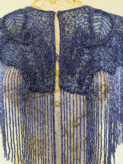 Greyish Blue Beaded Fringe Capelet | Vintage Inspired Statement Evening Cover Up