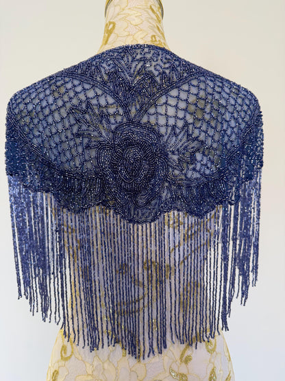 Greyish Blue Beaded Fringe Capelet | Vintage Inspired Statement Evening Cover Up