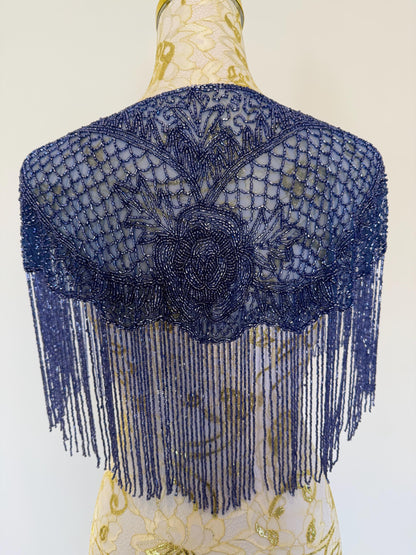 Greyish Blue Beaded Fringe Capelet | Vintage Inspired Statement Evening Cover Up