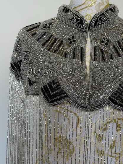 Silver Black Beaded Fringe Capelet