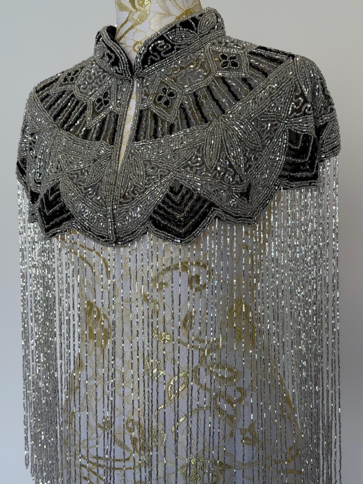 Silver Black Beaded Fringe Capelet